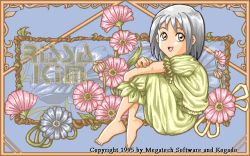 Rule 34 | 1990s (style), 1995, 1girl, barefoot, character name, company name, flower, full body, game cg, grey hair, looking at viewer, megatech software, nightgown, pixel art, power dolls (game), rissa kim (power dolls), solo, tagme, yellow eyes