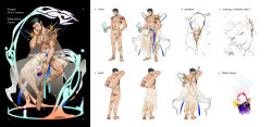 Rule 34 | 1boy, abs, absurdres, alternate costume, bara, black hair, character sheet, chiizu namasu, cup, drinking glass, facial hair, full body, green eyes, gyee, hand on own face, highres, jewelry, looking at viewer, male focus, muscular, navel, necklace, nipples, open clothes, pectorals, priapus, priapus (gyee), character sheet, revealing clothes, seashell, shell, sitting, smile, solo, tattoo