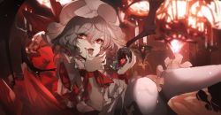 Rule 34 | 1girl, bat wings, candle, dress, eating, fingernails, fire, hair between eyes, hat, indoors, messy, mob cap, no-kan, open mouth, red eyes, red ribbon, remilia scarlet, ribbon, silver hair, solo, thighhighs, tongue, tongue out, touhou, wavy hair, white background, wings, wrist ribbon