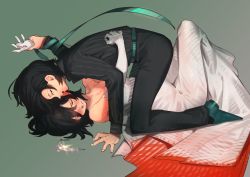 Rule 34 | 1boy, 1girl, arm up, bare shoulders, belt, black hair, black pants, black sclera, blush, boy on top, breasts, bukimi isan, check copyright, cleavage, closed eyes, colored sclera, commentary request, copyright request, dress, elbow gloves, formal, from side, gloves, green background, green belt, green footwear, half-closed eye, highres, knee up, large breasts, lying, momijiyama teru, on back, pants, short hair, shy (series), simple background, striped, wedding dress, white dress, white eyes, white gloves