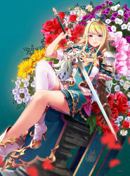 Rule 34 | 1girl, armor, banner, belt, blonde hair, blue eyes, blush, boots, breasts, brown gloves, cleavage, crown, elbow gloves, elf, flower, gloves, gold trim, green hair, high heel boots, high heels, highres, holding, holding sword, holding weapon, large breasts, long hair, looking at viewer, mini crown, multicolored hair, open mouth, original, parted lips, pauldrons, pink flower, pointy ears, purple flower, red flower, red rose, retsuna, rose, shoulder armor, sidelocks, signature, single elbow glove, single thighhigh, sitting, smile, solo, sword, thighhighs, very long hair, weapon, white flower, white footwear, white hair, white thighhighs, yellow flower