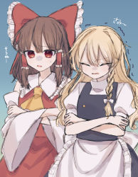 Rule 34 | 2girls, absurdres, black dress, blonde hair, bow, brown hair, buttons, cold, crossed arms, detached sleeves, dress, closed eyes, frilled bow, frills, hakurei kaede, hakurei reimu, highres, kirisame marisa, multiple girls, neckerchief, red bow, red dress, red eyes, red shirt, shirt, short sleeves, touhou, trembling, white bow, yellow neckerchief
