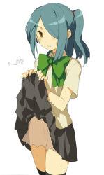 Rule 34 | 1boy, androgynous, black thighhighs, blue hair, bow, brown eyes, clothes lift, cowboy shot, crossdressing, gender request, hair over one eye, inazuma eleven, inazuma eleven (series), kazemaru ichirouta, male focus, see-through, skirt, skirt lift, solo, thighhighs, thighs, trap