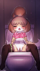 Rule 34 | 1girl, animal crossing, blush, cleft of venus, closed eyes, clothes lift, fang, female focus, furry, furry female, highres, indoors, isabelle (animal crossing), lumineko, navel, nintendo, open mouth, panties around leg, peeing, pussy, sitting, skirt, skirt lift, solo, spread legs, thighhighs, toilet, toilet use, trembling, uncensored