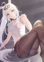 Rule 34 | 1girl, :t, adjusting clothes, ahoge, alternate hairstyle, animal ears, arm support, blue shorts, breasts, choker, crop top, feet out of frame, frown, grey eyes, grey hair, hand up, highres, horse ears, horse girl, horse tail, knees up, light blush, long hair, looking at viewer, medium breasts, midriff, multicolored hair, navel, oguri cap (umamusume), pantyhose, ponytail, pout, shorts, sitting, solo, tail, tank top, thighband pantyhose, two-tone hair, umamusume, yonemochi yume