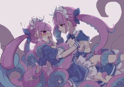 Rule 34 | 2girls, anchor symbol, blue hair, blush, doppelganger, facing another, hololive, maid, maid headdress, minato aqua, minato aqua (1st costume), multicolored hair, multiple girls, nejikyuu, open mouth, purple eyes, purple hair, slime (substance), streaked hair, suction cups, suggestive fluid, tentacle sex, tentacles, virtual youtuber