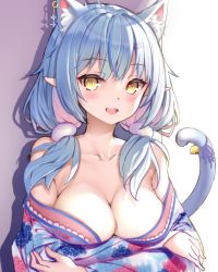 Rule 34 | 1girl, :d, ahoge, animal ear fluff, animal ears, arms under breasts, bell, blue hair, breasts, cat ears, cat tail, cleavage, collarbone, crossed arms, earrings, grey background, highres, hololive, jewelry, jingle bell, kemonomimi mode, kurachairasuto, large breasts, off shoulder, open mouth, pointy ears, simple background, single earring, smile, solo, tail, virtual youtuber, yellow eyes, yukihana lamy, yukihana lamy (new year)
