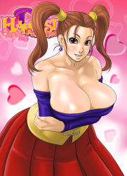 Rule 34 | 1girl, areola slip, breasts, brown hair, cleavage, dragon quest, dragon quest viii, earrings, hardest d vii, heart, highres, huge breasts, jessica albert, jewelry, kechin (oreteki18kin), solo, square enix, standing, twintails