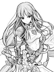 Rule 34 | 1girl, alondite, altina (fire emblem), arm guards, armor, breasts, collared dress, covered navel, dress, dual wielding, elbow gloves, fire emblem, fire emblem: radiant dawn, gloves, greyscale, holding, holding sword, holding weapon, huge weapon, long hair, looking away, monochrome, nintendo, pelvic curtain, ponytail, ragnell, serious, shoulder armor, shoulder pads, simple background, solo, sword, ten (tenchan man), thighhighs, weapon, white background, zettai ryouiki