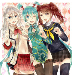 Rule 34 | 10s, 3girls, alisa ilinichina amiella, argyle, argyle background, argyle clothes, atlus, blue eyes, breasts, brown eyes, brown hair, china dress, chinese clothes, crossover, detached sleeves, dress, god eater, god eater 2: rage burst, green eyes, green hair, hatsune miku, kujikawa rise, lace, lace-trimmed legwear, lace trim, long hair, moonku, multiple girls, navel, one eye closed, persona, persona 4, project diva (series), project diva f, school uniform, serafuku, skirt, thigh gap, thighhighs, twintails, underboob, very long hair, vocaloid, white hair, wink, world&#039;s end dancehall (vocaloid)