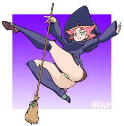 Rule 34 | 1girl, amanda o&#039;neill, ass, boots, border, breasts, broom, cameltoe, full body, gradient background, green eyes, hat, highres, knee boots, legs, little witch academia, long sleeves, medium breasts, multicolored hair, negsus, orange hair, purple background, red hair, school uniform, short hair, skirt, smile, solo, two-tone hair, white border, witch hat