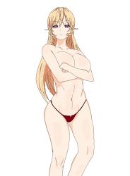 Rule 34 | absurdres, blonde hair, breast hold, breasts, full body, highres, large breasts, lingerie, looking at viewer, lpogo, nakiri erina, no bra, open mouth, panties, purple eyes, shokugeki no souma, simple background, solo, surprised, thighhighs, underwear, undressing, white background