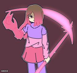 Rule 34 | bete noire, brown hair, clothes, glitchtale, pink eyes, pink hair, pink shirt, purple shirt, scythe, shirt, skirt, wearing clothes