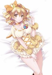 Rule 34 | 1girl, :&lt;, bed sheet, bow, breasts, closed mouth, collarbone, cure pine, dated, dress, earrings, fresh precure!, frilled dress, frills, frown, hair bow, hair ornament, heart, heart earrings, heart hair ornament, highres, huge bow, jewelry, large breasts, looking at viewer, lying, multicolored eyes, okayashi, on back, orange bow, orange eyes, orange hair, precure, short dress, short hair, signature, solo, thighs, wrist cuffs, yamabuki inori, yellow dress, yellow eyes