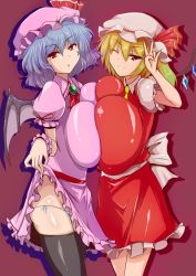 Rule 34 | 2girls, alternate breast size, bad id, bad twitter id, blonde hair, blue hair, breast press, breasts, clothes lift, demon wings, flandre scarlet, huge breasts, multiple girls, open mouth, panties, red eyes, remilia scarlet, sha-pei sahei, shiny skin, short hair, skirt, skirt lift, smile, striped clothes, striped panties, symmetrical docking, touhou, underwear, v, wings