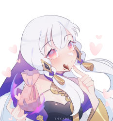 Rule 34 | 1girl, artist name, chocolate, chocolate on face, fire emblem, fire emblem: three houses, food, food on face, gift bag, hair ornament, heart, highres, inkanii, long hair, long sleeves, lysithea von ordelia, nintendo, pink eyes, simple background, solo, upper body, white background, white hair