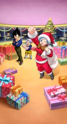 Rule 34 | 2boys, 2girls, baby, blue eyes, blue hair, box, bra (dragon ball), breasts, brother and sister, bulma, christmas, christmas tree, couple, crossed arms, dragon ball, dragon ball super, earrings, family, frown, full body, gift, gift box, grin, hand up, hat, highres, holding, husband and wife, jewelry, laughing, light, looking at another, looking at viewer, medium breasts, multiple boys, multiple girls, night, night sky, official art, one eye closed, purple hair, sack, santa costume, santa hat, siblings, sitting, sky, smile, standing, trunks (dragon ball), vegeta, window, wink