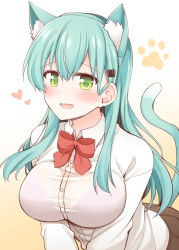 Rule 34 | 1girl, animal ear fluff, animal ears, aqua hair, blush, breasts, cat ears, cat tail, green eyes, hair ornament, hairclip, heart, kantai collection, kemonomimi mode, large breasts, long hair, long sleeves, looking at viewer, open mouth, paw print, paw print background, pleated skirt, rui shi (rayze ray), school uniform, shirt, skirt, smile, solo, suzuya (kancolle), tail, white shirt