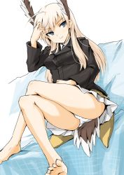 Rule 34 | 1girl, animal ears, bad id, bad pixiv id, barefoot, blonde hair, blue eyes, commentary, crossed legs, dakku (ogitsune), hanna-justina marseille, head wings, legs, long hair, panties, sitting, smile, solo, strike witches, underwear, uniform, white panties, wings, witches of africa, world witches series