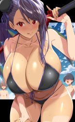 Rule 34 | 1girl, 2boys, :q, asymmetrical hair, bikini, black bikini, blue ribbon, blue sky, blurry, blurry background, blush, breasts, bright pupils, cleavage, cloud, collarbone, fate/grand order, fate (series), front-tie bikini top, front-tie top, gluteal fold, grey hair, hair bun, hair ribbon, hand on own thigh, highres, holding, holding sword, holding weapon, huge breasts, katana, kloah, leaning forward, long hair, looking at viewer, miyamoto musashi (fate), miyamoto musashi (fate/grand order), miyamoto musashi (swimsuit berserker) (fate), miyamoto musashi (swimsuit berserker) (second ascension) (fate), multiple boys, navel, red eyes, ribbon, shiny skin, single hair bun, single side bun, single sidelock, skindentation, sky, solo focus, standing, sweat, swept bangs, swimsuit, sword, tan, tanline, tongue, tongue out, weapon, white pupils