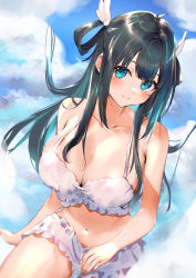 Rule 34 | 1girl, amano nene (vtuber), black hair, blush, breasts, cloud, gradient hair, green eyes, hand on own thigh, highres, kasumi komo, large breasts, lingerie, looking at viewer, multicolored hair, nail polish, navel, on cloud, production kawaii, sitting, sky, smile, thighs, underwear, virtual youtuber, wing hair ornament