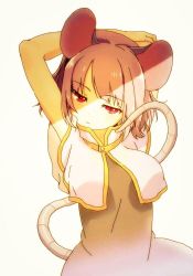 Rule 34 | 1girl, animal ears, arms behind head, bad id, bad pixiv id, bare arms, capelet, dress, expressionless, grey dress, grey hair, jitome, jpeg artifacts, light, looking at viewer, mouse ears, mouse tail, nazrin, red eyes, short hair, solo, tail, touhou, toujou (toujou ramen)