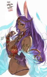 Rule 34 | 1girl, animal ears, armlet, azusa (hws), blue eyes, bracelet, breasts, bridal gauntlets, bustier, commentary request, dark-skinned female, dark skin, eyeshadow, fate/grand order, fate (series), forehead jewel, from side, head chain, jewelry, large breasts, long hair, looking at viewer, makeup, nail polish, navel, open mouth, panties, purple hair, queen of sheba (fate), red nails, smile, solo, underwear