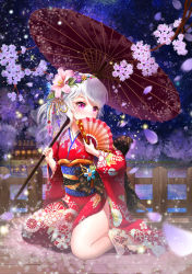 Rule 34 | 1girl, absurdres, alternate color, bad id, bad pixiv id, cherry blossoms, hand fan, female focus, flower, folding fan, full body, hair flower, hair ornament, highres, japanese clothes, kimono, long hair, lunacle, nature, oil-paper umbrella, original, outdoors, red eyes, silver hair, sky, solo, umbrella