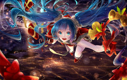 Rule 34 | 1girl, aqua eyes, aqua hair, bell, christmas, floating hair, flying, gift, hatsune miku, long hair, night, open mouth, phino, solo, sunrise, twintails, very long hair, vocaloid