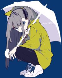 Rule 34 | 1girl, black pantyhose, blue background, blue eyes, closed mouth, commentary request, eyes visible through hair, fingernails, from side, grey hair, highres, holding, holding umbrella, hood, hood up, long hair, long sleeves, looking at viewer, mochizuki kei, original, pantyhose, parasol, raincoat, shoes, simple background, solo, squatting, twintails, umbrella, white footwear, white umbrella