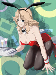 Rule 34 | 1girl, animal ears, black bow, black bowtie, black pantyhose, blonde hair, blue eyes, bow, bowtie, breasts, champagne flute, closed mouth, commentary request, cup, detached collar, drinking glass, fake animal ears, fake tail, fishnet pantyhose, fishnets, girls und panzer, hair intakes, high heels, highres, holding, holding tray, kay (girls und panzer), kneeling, large breasts, leaning forward, leotard, looking at viewer, medium hair, pantyhose, partial commentary, playboy bunny, rabbit ears, rabbit tail, red footwear, red leotard, smile, solo, strapless, strapless leotard, tail, tray, wing collar, wrist cuffs, yoyokkun, zoom layer