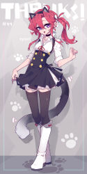 Rule 34 | 1girl, :d, absurdres, animal ears, black choker, black skirt, black thighhighs, boots, breasts, buttons, cat ears, cat tail, choker, collared shirt, double-breasted, fake animal ears, fake tail, full body, hair between eyes, hair ribbon, hand up, high-waist skirt, highres, imazawa, knee boots, long hair, long sleeves, looking at viewer, motion lines, neck ribbon, open mouth, original, paw print, petticoat, pleated skirt, purple eyes, red hair, red ribbon, ribbon, shadow, shirt, shirt tucked in, side ponytail, skirt, skirt hold, sleeves rolled up, small breasts, smile, solo, suspender skirt, suspenders, tail, thighhighs, white footwear, white ribbon, white shirt, zettai ryouiki
