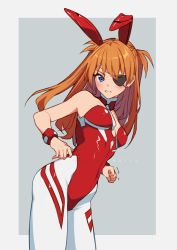 Rule 34 | 1girl, adapted costume, animal ears, artist name, bare shoulders, blush, border, breasts, clenched hand, clenched teeth, commentary, covered navel, cowboy shot, detached collar, embarrassed, english commentary, eyepatch, fake animal ears, grey background, highres, hyanna-natsu, leotard, long hair, looking at viewer, motion lines, neon genesis evangelion, one eye covered, orange hair, outside border, pantyhose, parted lips, playboy bunny, rabbit ears, rebuild of evangelion, red leotard, simple background, small breasts, solo, souryuu asuka langley, strapless, strapless leotard, teeth, v-shaped eyebrows, white border, white pantyhose, wrist cuffs