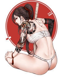 Rule 34 | 1girl, arm tattoo, back, bare shoulders, barefoot, breasts, brown hair, chest sarashi, cyberpunk, cyborg, dimples of venus, eyeshadow, from behind, full body, fundoshi, highres, japanese clothes, joints, large breasts, lips, long hair, looking back, makeup, mechanical arms, nose, original, ponytail, red eyes, red eyeshadow, red rope, robot joints, rope, sarashi, shinai, shoulder tattoo, sideboob, single mechanical arm, sitting, solo, sword, tattoo, weapon, wei (kaminari0411), wristband