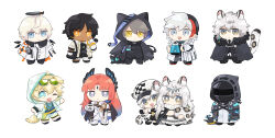 Rule 34 | 1other, 2girls, 6+boys, absurdres, animal ear fluff, animal ears, arknights, bag, black cape, black coat, black hair, black pants, blonde hair, blue eyes, blue shirt, bright pupils, brother and sister, brown hair, cabbie hat, cape, cat boy, cat ears, chibi, christine (arknights), cliffheart (arknights), closed mouth, coat, commentary request, cup, dark-skinned male, dark skin, doctor (arknights), dog boy, dog ears, dog tail, electric kettle, elysium (arknights), executor (arknights), facial mark, feather hair, frown, fur-trimmed coat, fur trim, gradient hair, grey eyes, grey hair, halo, hat, head chain, highres, holding, holding cup, holding kettle, holding own tail, holding test tube, hood, hood up, hooded coat, id card, jewelry, kettle, leopard boy, leopard ears, leopard tail, looking at viewer, mask, multicolored hair, multiple boys, multiple girls, necklace, one eye closed, open mouth, orange eyes, orange hair, originium slug (arknights), pants, parted bangs, phantom (arknights), pramanix (arknights), purple eyes, purple hair, red hair, shirt, short hair, siblings, silverash (arknights), simple background, sisters, smile, soppos, tail, tequila (arknights), test tube, thorns (arknights), white background, white coat, white hair, white headwear, white pupils, wings