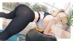 Rule 34 | 1girl, ass, azur lane, ball, black pants, blonde hair, blue eyes, breasts, commentary, dan-98, english commentary, exercise ball, highres, indoors, large breasts, long hair, looking at viewer, looking back, manjuu (azur lane), official alternate costume, painleve (azur lane), painleve (team stretching) (azur lane), pants, ponytail, sports bra, tight clothes, tight pants, very long hair, white sports bra, yoga mat, yoga pants