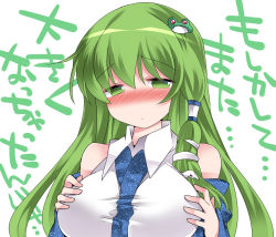 Rule 34 | 1girl, bad id, bad pixiv id, bare shoulders, blush, grabbing another&#039;s breast, breasts, commentary request, detached sleeves, female focus, frog hair ornament, grabbing, green eyes, green hair, hair ornament, hair tubes, hammer (sunset beach), kochiya sanae, large breasts, matching hair/eyes, nose blush, snake hair ornament, solo, text focus, touhou, translation request, upper body