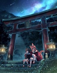 Rule 34 | absurdres, animal ears, black hair, closed eyes, collarbone, ear ornament, earrings, facial mark, forest, fox ears, fox girl, fox tail, hayateluc, highres, japanese clothes, jewelry, lantern, long hair, milky way, mountain, nature, night, on stairs, original, outdoors, paper lantern, red hair, scenery, shooting star, sitting, sky, smile, star (sky), starry sky, tail, teeth, torii, translation request, whisker markings
