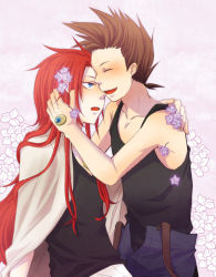 Rule 34 | 00s, 2boys, ^ ^, bare shoulders, blue eyes, blush, brown hair, closed eyes, couple, flower, hand in own hair, hand on back, happy, hug, lloyd irving, long hair, male focus, multiple boys, open mouth, pants, red hair, ritsuka, short hair, simple background, smile, spiked hair, tales of (series), tales of symphonia, tank top, yaoi, zelos wilder