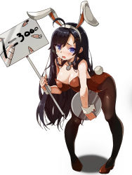 Rule 34 | 1girl, ahoge, animal ears, bare shoulders, bent over, black hair, blue eyes, breasts, rabbit ears, rabbit tail, playboy bunny, cleavage, closers, collar, fake animal ears, female focus, full body, hairband, holding, holding sign, large breasts, lhu (barappra1), long hair, looking at viewer, open mouth, pantyhose, pigeon-toed, sign, solo, standing, tail, tray, white background, wrist cuffs, yuri seo