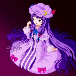 Rule 34 | 1girl, artist request, bow, crescent, crescent hat ornament, female focus, hat, hat ornament, long hair, patchouli knowledge, pink bow, purple eyes, purple hair, solo, touhou