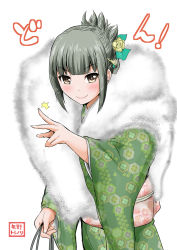 Rule 34 | 10s, 1girl, alternate costume, bag, blunt bangs, cape, commentary request, floral print, flower, folded ponytail, fur cape, furisode, green hair, hair flower, hair ornament, hair ribbon, handbag, highres, japanese clothes, kantai collection, kimono, looking at viewer, makeup, obi, outstretched hand, ribbon, sash, smile, solo, sparkle, text focus, translation request, wide sleeves, yano toshinori, yellow eyes, yuubari (kancolle)