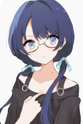 Rule 34 | 1girl, absurdres, aqua ribbon, black shirt, blue eyes, blue hair, commentary request, dark blue hair, glasses, grey background, hair ribbon, highres, light frown, long hair, looking at viewer, low twintails, mole, mole on collarbone, nagisa iori, off-shoulder shirt, off shoulder, original, partial commentary, ribbon, semi-rimless eyewear, shirt, simple background, solo, twintails, under-rim eyewear, upper body, virtual youtuber
