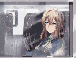 Rule 34 | 1girl, blue eyes, braid, brown hair, chinese commentary, commentary request, gem, hair between eyes, hair bun, hair ribbon, long hair, mechanical arms, ribbon, single hair bun, single mechanical arm, smile, solo, sylnice, violet evergarden, violet evergarden (series), water drop