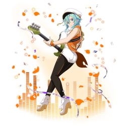 Rule 34 | 1girl, aqua hair, black pantyhose, blue eyes, crop top, full body, guitar, hair between eyes, hat, high heels, holding, holding instrument, instrument, jacket, looking at viewer, looking back, midriff, music, open clothes, open jacket, orange jacket, pantyhose, pantyhose under shorts, playing instrument, shoes, short hair with long locks, short shorts, shorts, sidelocks, simple background, sinon, sleeveless, solo, standing, sword art online, white background, white footwear, white hat, white shorts, wrist cuffs