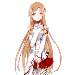 Rule 34 | 10s, 1girl, armor, asuna (sao), breastplate, brown eyes, brown hair, bunbun, cowboy shot, detached sleeves, highres, holding, holding sword, holding weapon, long hair, looking at viewer, miniskirt, official art, pleated skirt, red skirt, simple background, skirt, solo, sword, sword art online, thighhighs, thighs, very long hair, weapon, white armor, white background, white thighhighs