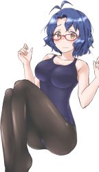 Rule 34 | 1girl, aimobake, antenna hair, ass, bad id, bad twitter id, bare arms, bare shoulders, black pantyhose, blue hair, blue one-piece swimsuit, blush, breasts, brown eyes, closed mouth, collarbone, embarrassed, glasses, hands up, highres, idolmaster, idolmaster million live!, invisible chair, knees up, legs together, looking at viewer, medium breasts, no shoes, one-piece swimsuit, pantyhose, pantyhose under swimsuit, parted bangs, red-framed eyewear, school swimsuit, short hair, simple background, sitting, solo, swimsuit, thighs, toyokawa fuka, wavy hair, wavy mouth, white background
