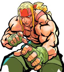 Rule 34 | 1boy, alex (street fighter), blonde hair, blue eyes, capcom, facial tattoo, fighting stance, fingerless gloves, gloves, headband, highres, long hair, male focus, muscular, nishimura kinu, official art, ponytail, portrait, topless male, solo, street fighter, street fighter iii (series), tattoo, transparent background