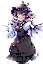 Rule 34 | 1girl, animal ears, bird ears, bird wings, blush, brown dress, brown eyes, brown hat, closed mouth, dated, dress, earrings, fingernails, frilled dress, frilled sleeves, frills, green nails, hat, jewelry, kokechankokko, long fingernails, long sleeves, mystia lorelei, nail polish, pink hair, sharp fingernails, short hair, signature, simple background, single earring, solo, touhou, white background, white wings, winged hat, wings