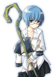 Rule 34 | 00s, 1girl, blouse, blue eyes, blue hair, expressionless, glasses, matching hair/eyes, panties, pantyshot, red-framed eyewear, school uniform, serafuku, shirt, short hair, skirt, solo, staff, tabitha (zero no tsukaima), thighhighs, underwear, upskirt, white background, white panties, white thighhighs, yuuji overall, zero no tsukaima